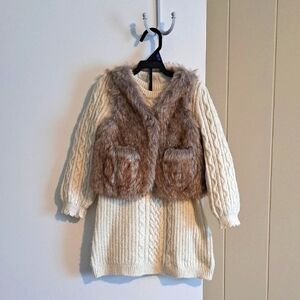 Cream Cable Knit Dress with Faux Fur Vest